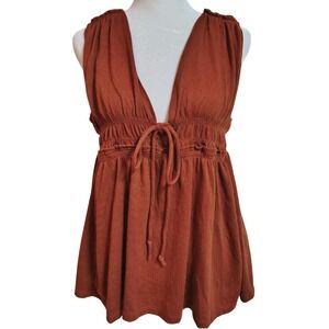 Millibon Tank Women's Large Brown Orange Sleeveless Tie Front VNeck Boho Hippie